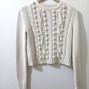 Cleobella Ivory Cream Cable Knit Cotton Pom Fringe Sweater Rare HTF Size Small